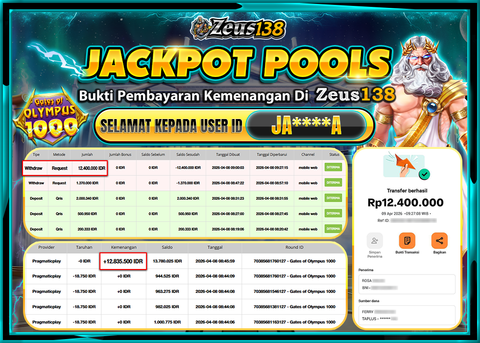 ZEUS138 GATES OF OLYMPUS 1000 Rp.12,400,000 LUNAS